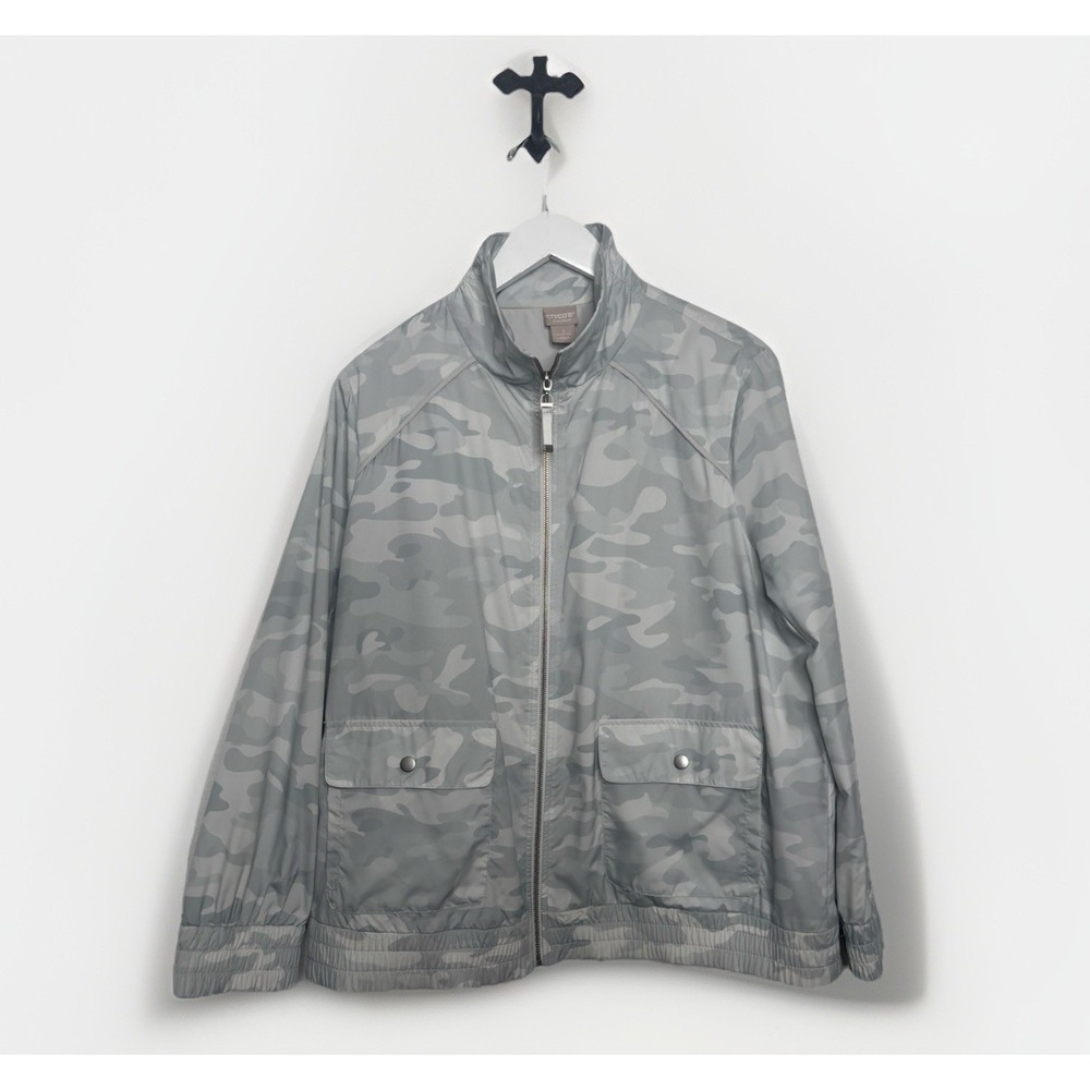 Chicos Zenergy Jacket Womens Sz 3/XL Lightweight Jacket Camo Gray Golf